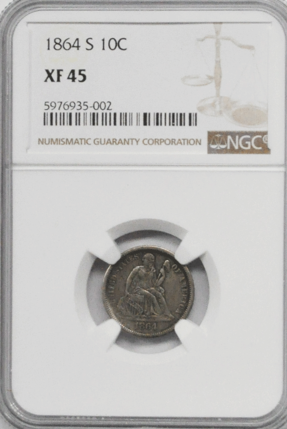 1864 S 10c Seated Liberty Silver Dime Ten Cents NGC XF45 San Francisco