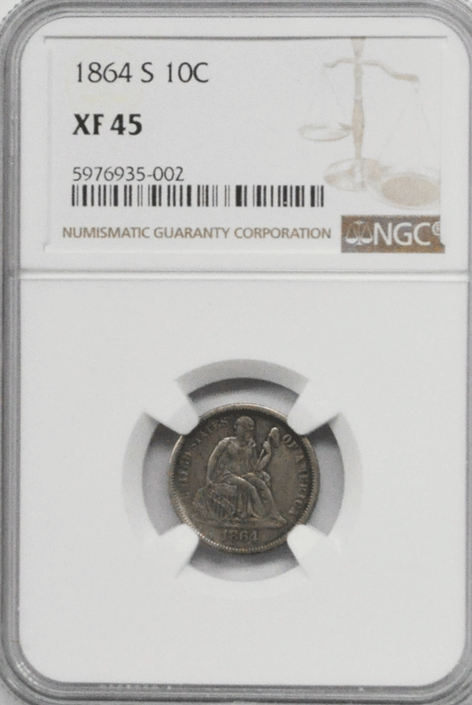1864 S 10c Seated Liberty Silver Dime Ten Cents NGC XF45 San Francisco