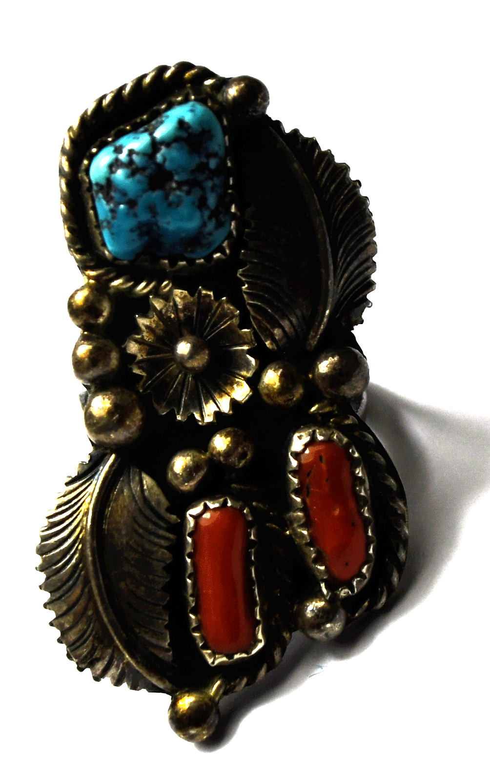 Sterling Silver Turquoise & Coral Ring 41mm Size 6-1/2