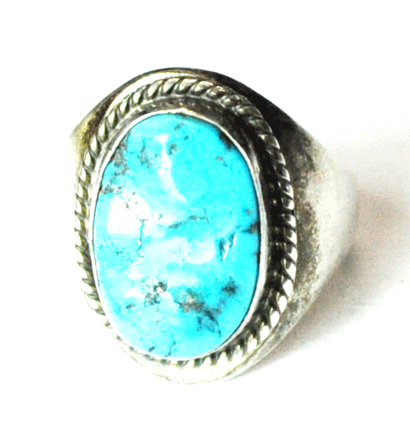 Sterling Silver Oval Turquoise Chunk Longhorn Signed Ring 25mm Size 12-1/4