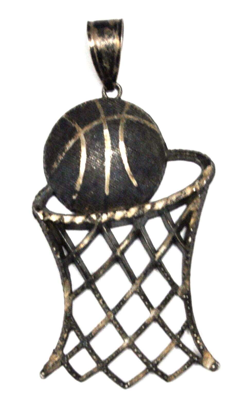 Sterling Silver Large Basketball Hoop Pendant 3-1/8" x 1.5" Diamond Cut