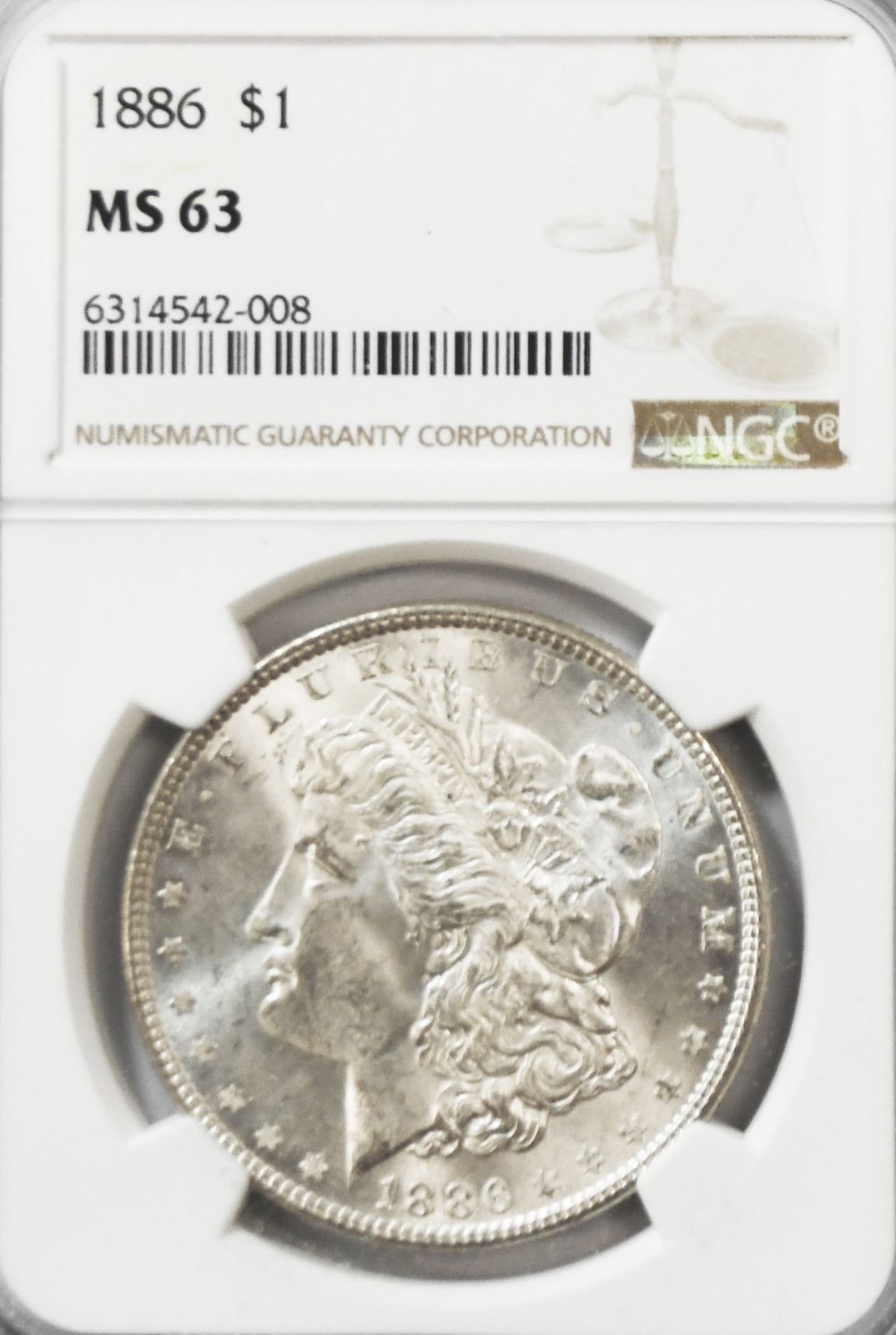 1886 $1 Morgan Silver Dollar MS63 NGC Uncirculated Philadelphia