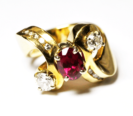 14k Yellow Gold Ruby & Diamond Freeform Double Hook Open Heart Ring 15mm Size 7