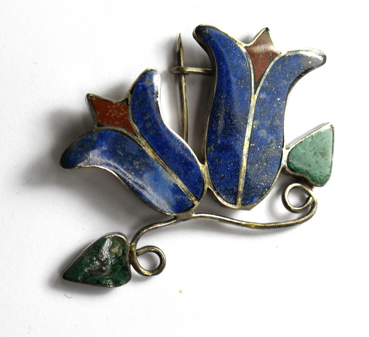 Silver Plated Lapis Coral Turquoise Tulip Brooch Pin 54mm x 34mm