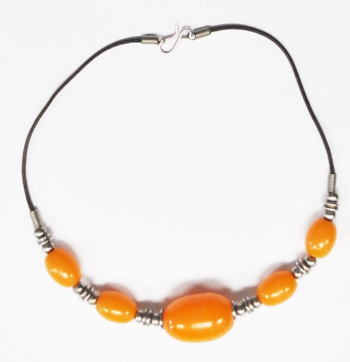 Silver Plated Oval Amber 24mm Bead 19' Brown Leather Cord Necklace