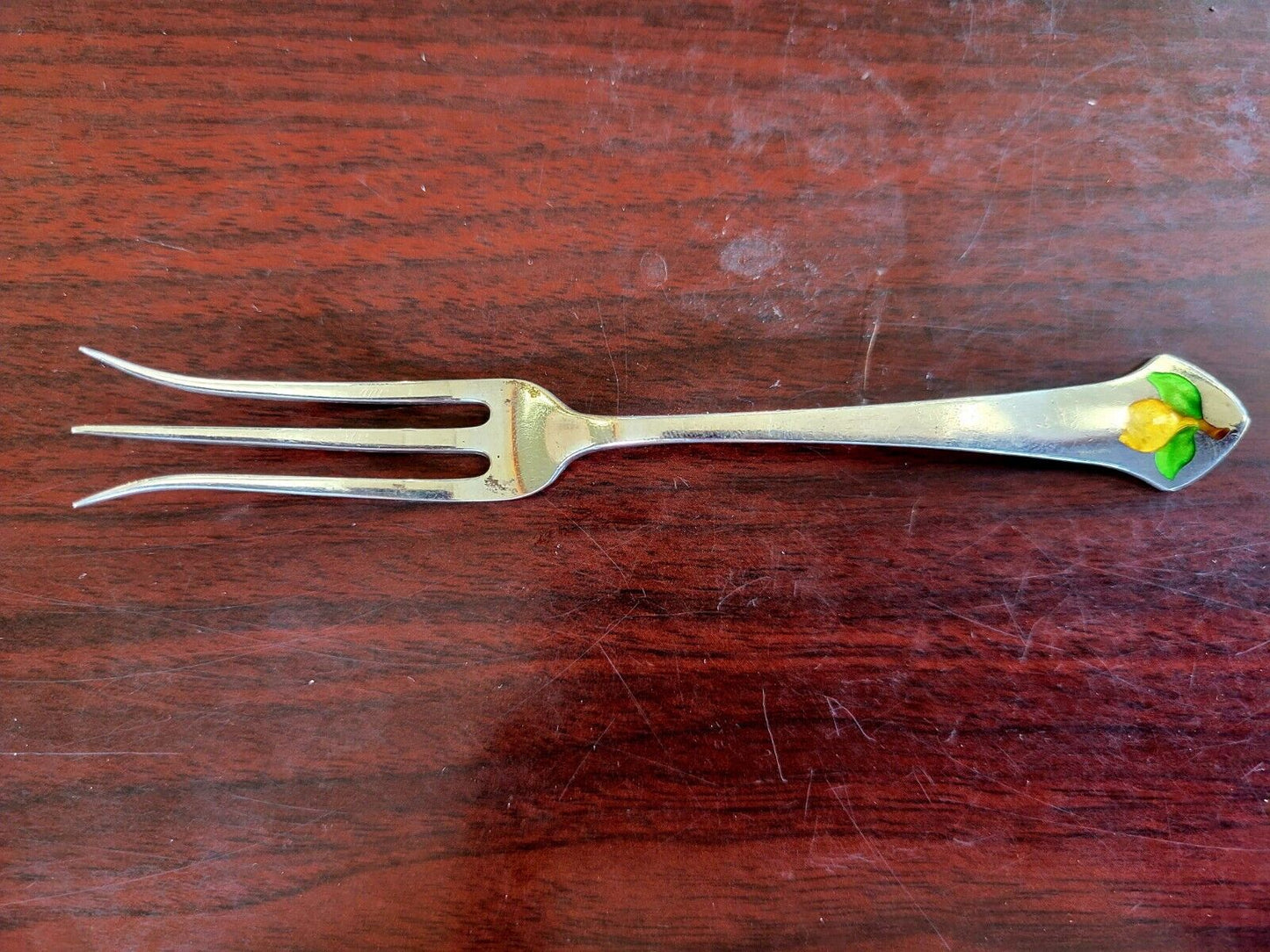 Sheffield England Sterling Pear Enameled  5 3/4" Strawberry Lemon  Fork .31oz