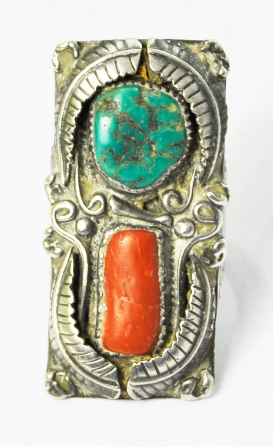 900 Fine Silver Turquoise Coral Shield Elongated Ring Floral Overlay 47mm Sz 9