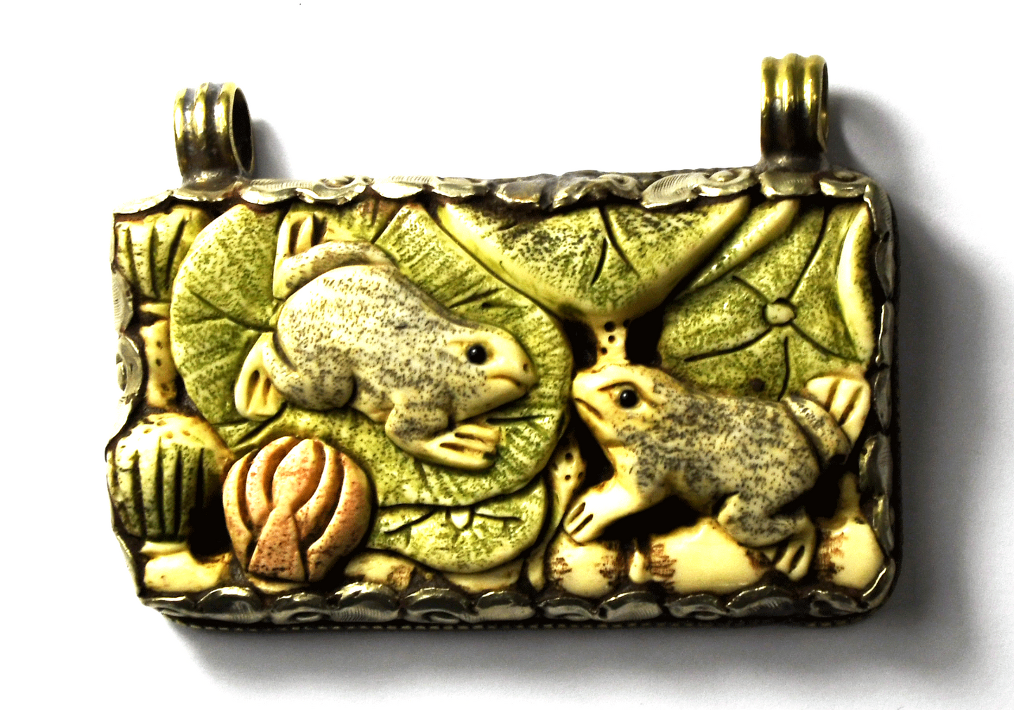 Silver Plated Tibetan Ornate Large Rectangle Pendant Carved Frogs 64x45mm