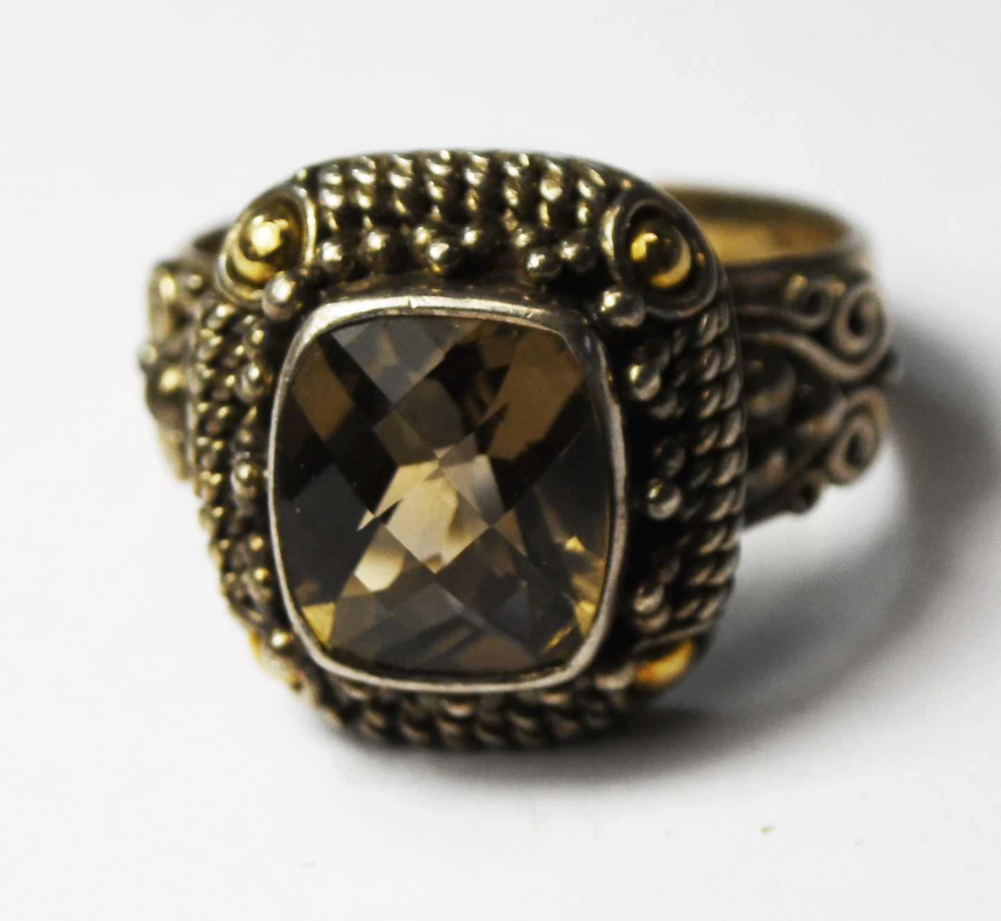 Sterling Suarti 18k Two Tone Smoky Quartz Ornate Ring 19mm Size 11