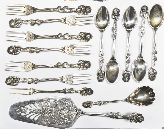 800 Fine Silver Germany Rose Handle 14 Piece Set Cake Server Sugar Spoon