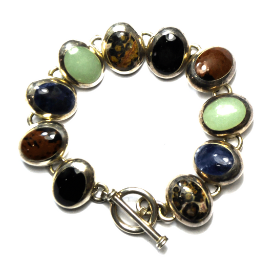 Sterling Onyx Sodalite Malachite Rainforest Jasper Bracelet 12mm 6.75"   36g