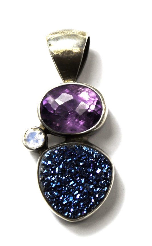 Sterling Silver Starborn Druzy Quartz Amethyst Pendant 1.5" x 20mm