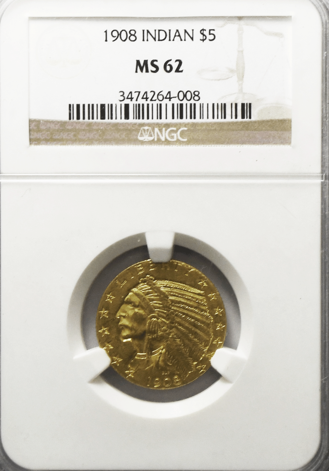 1908 $5 Indian Head Quarter Eagle Gold Philadelphia NGC MS62 Uncirculated