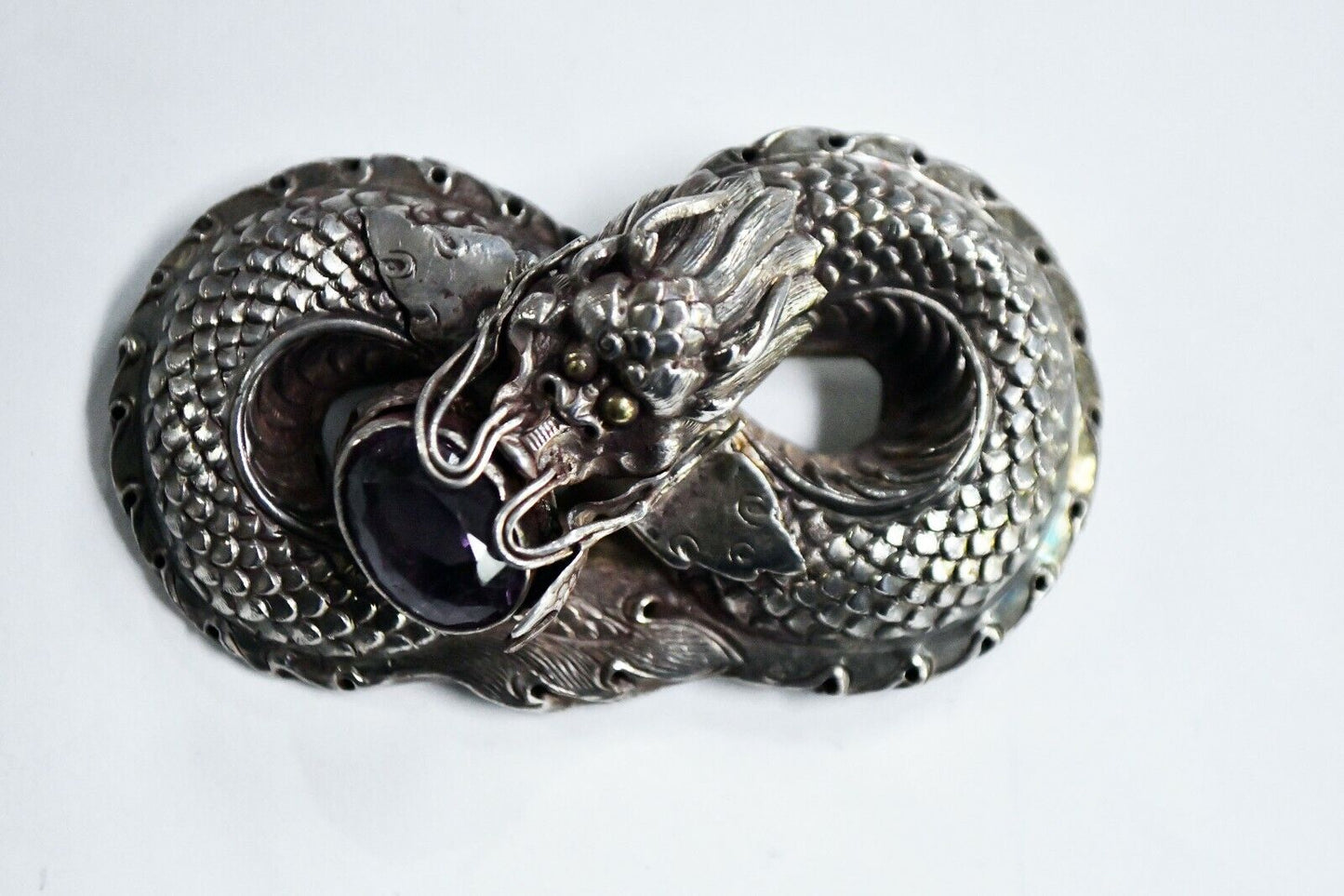 Vintage Sterling Silver & 8ct. Amethyst Oriental Dragon Pendant Nepal 2 3/4"