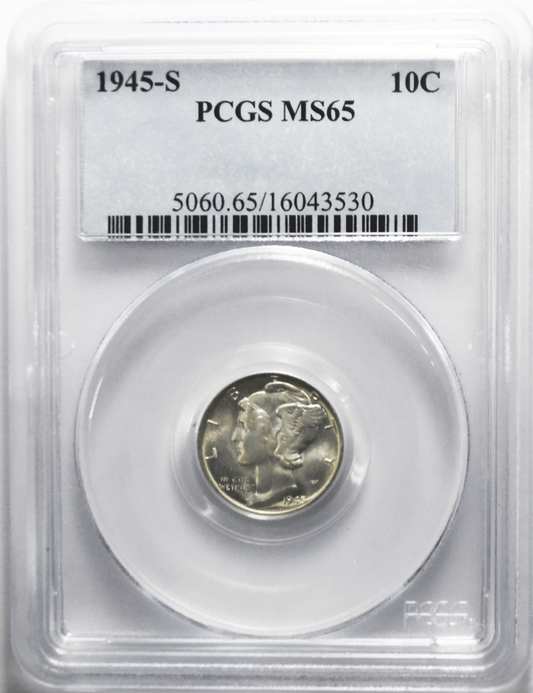 1945 S Mercury Silver Dime Rare Ten Cents San Francisco PCGS MS65