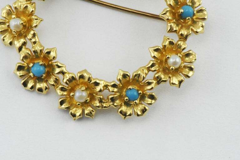 Classic 14 Karat Gold Flower Wreath Brooch Pin with Pearls and Turquoise Accents