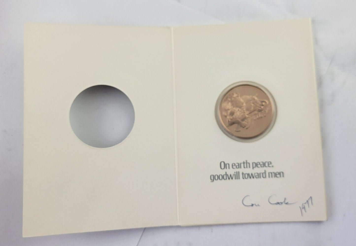 1977 Franklin Mint Bronze Holiday Greeting Card Medal Peace Lion Lamb Goodwill