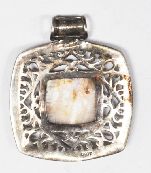 Sterling Silver CFJ Large Square Filigree Marcasite MOP Slider Pendant 49x59mm