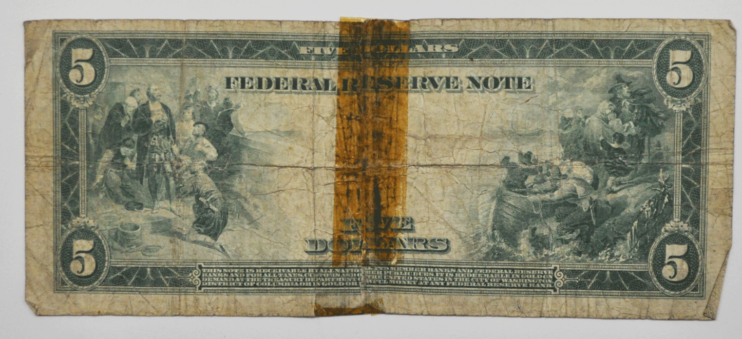1914 $5 Federal Reserve Note KC J28413234A  FR#883A Five Dollars
