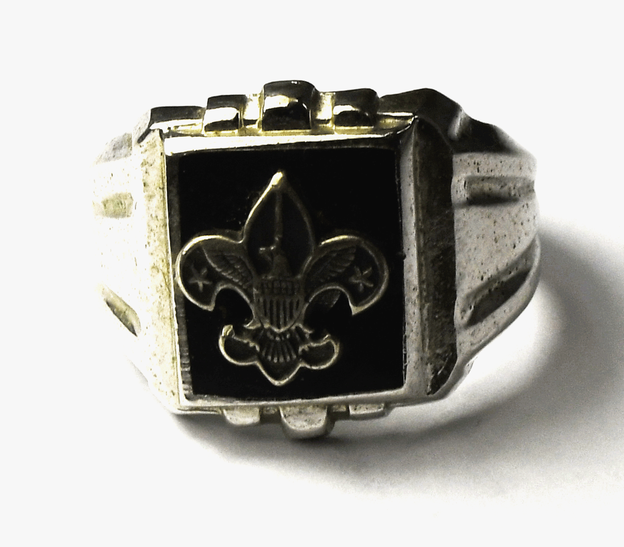 Sterling Silver Vintage Boy Scout Fleur De Lis Black Onyx Ring 16mm Size 8-1/2