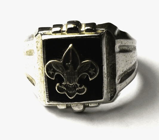 Sterling Silver Vintage Boy Scout Fleur De Lis Black Onyx Ring 16mm Size 8-1/2