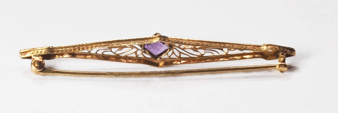 Vintage 10k Rose Gold Amethyst Filigree Brooch Pin 52mm x 8mm