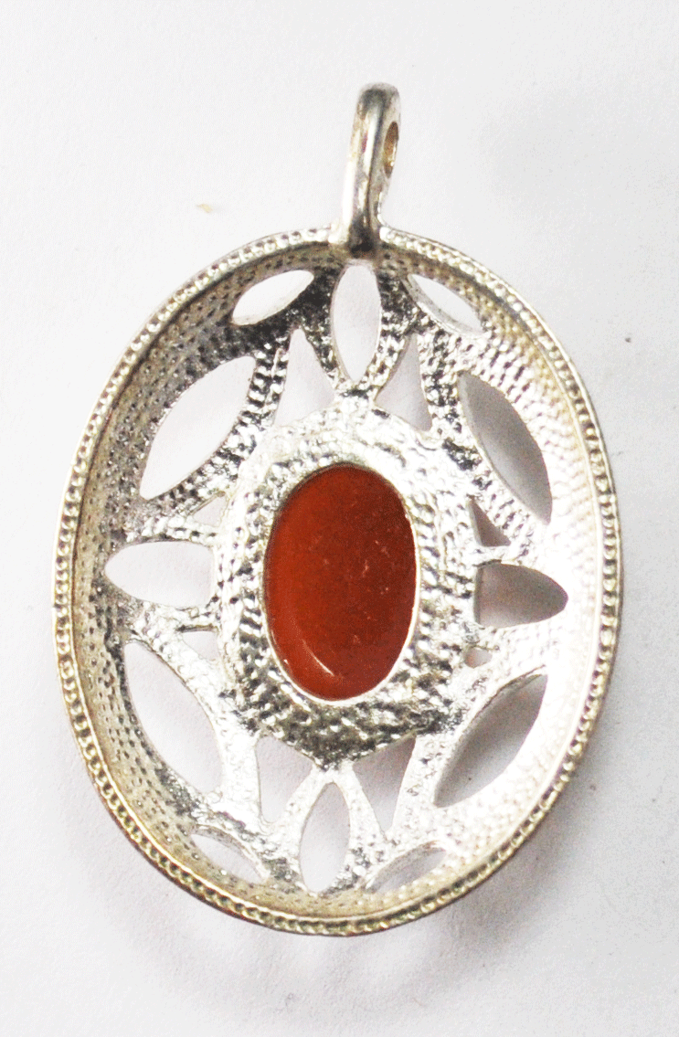 Silver Plated Faux Amber Orange Oval Filigree Pendant 46mm x 31mm