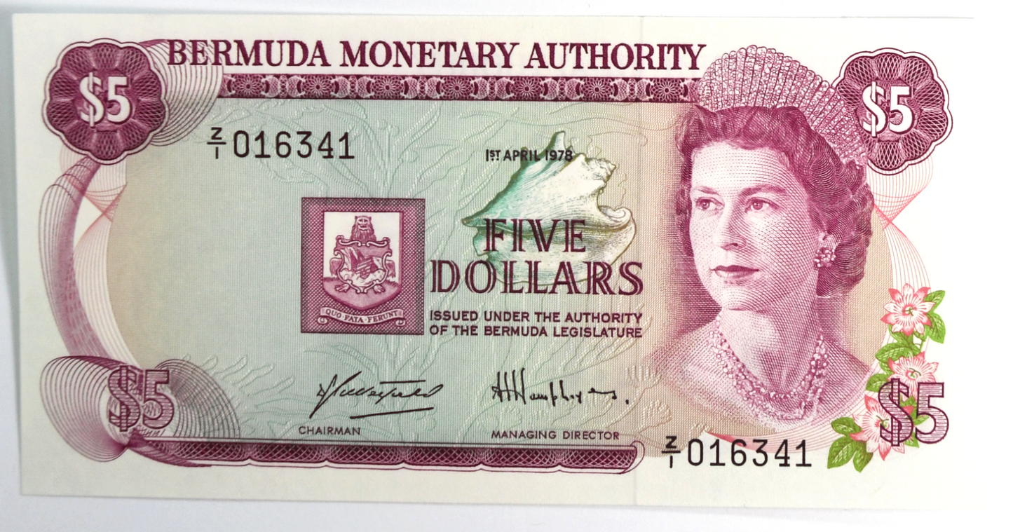 1978 Bermuda $5 Five Dollars Uncirculated Banknote Z/1 016341
