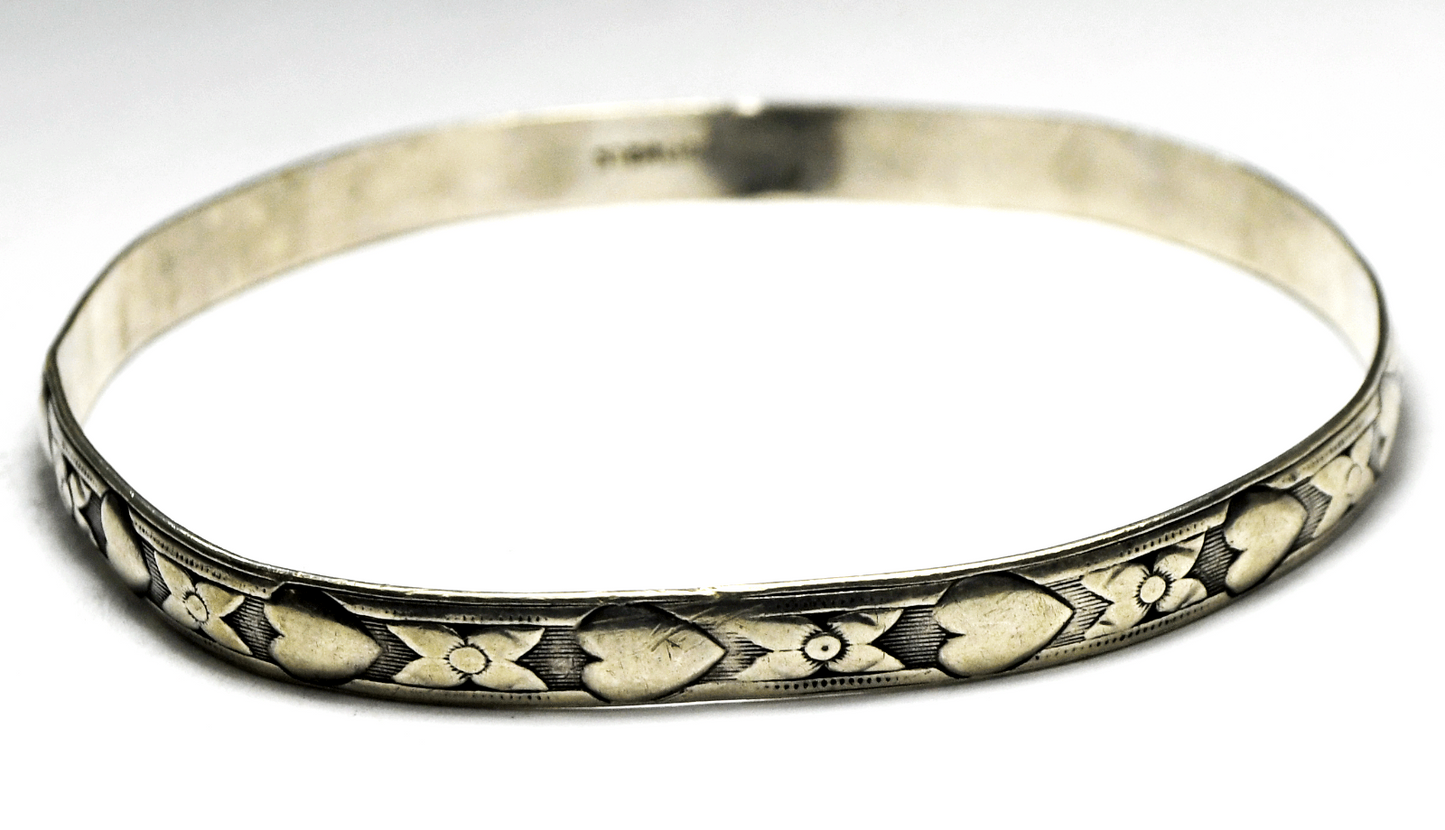 Sterling Silver Heart X Round Small Bangle Bracelet 5mm