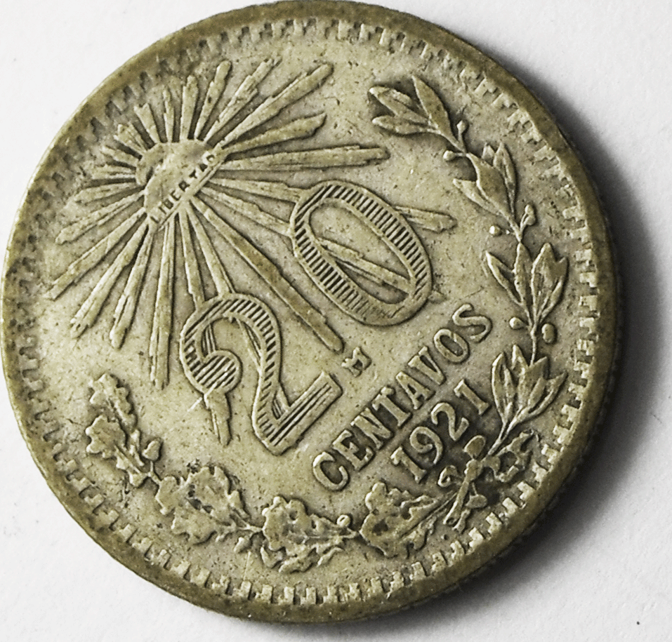 1921 Mexico Estados Unidos Mexicanos 20 Twenty Centavos Silver Coin KM# 438
