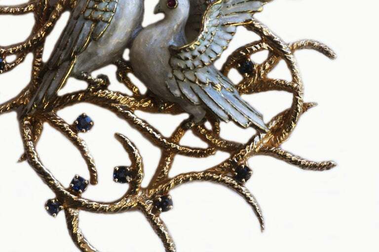 Vintage 14kt Gold and .70ct Sapphire Brooch of Enameled Turtle Dove Birds 2-3/8"