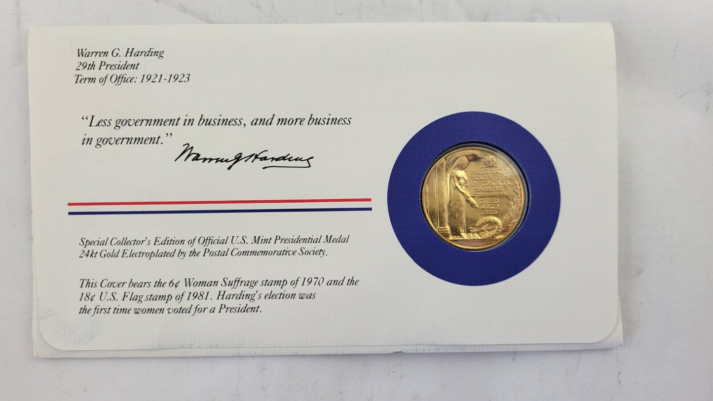 Warren Harding Presidential Covers Medal Postal Commemorative Society Gold Plate