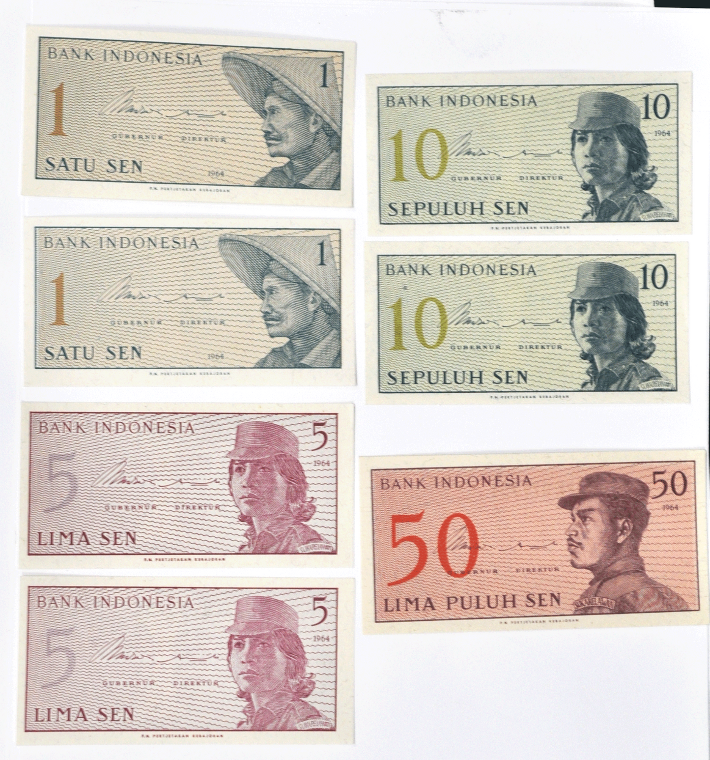 1964 Indonesia 1 5 10 & 50 Sen Uncirculated 7 Notes