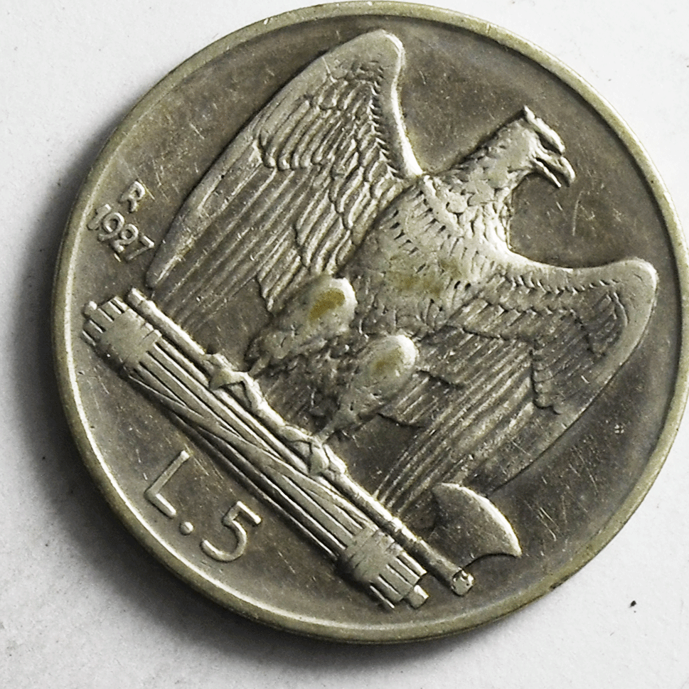 1927 R Italy 5 Five Lire Silver Coin KM# 67.1 FERT