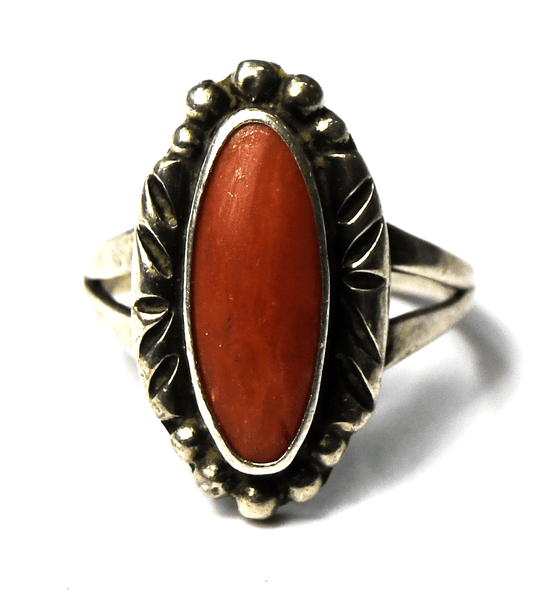 Sterling Silver Red Coral Oval Vintage Ring 21mm Size 6