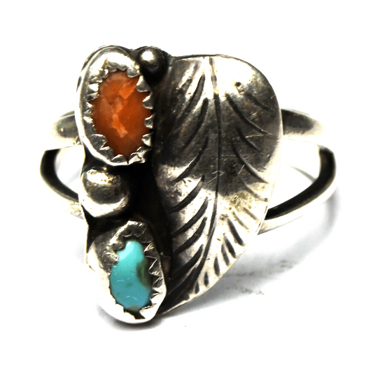 Sterling Silver Vintage Coral & Turquoise Floral Leaf Ring 20mm Size 8.5