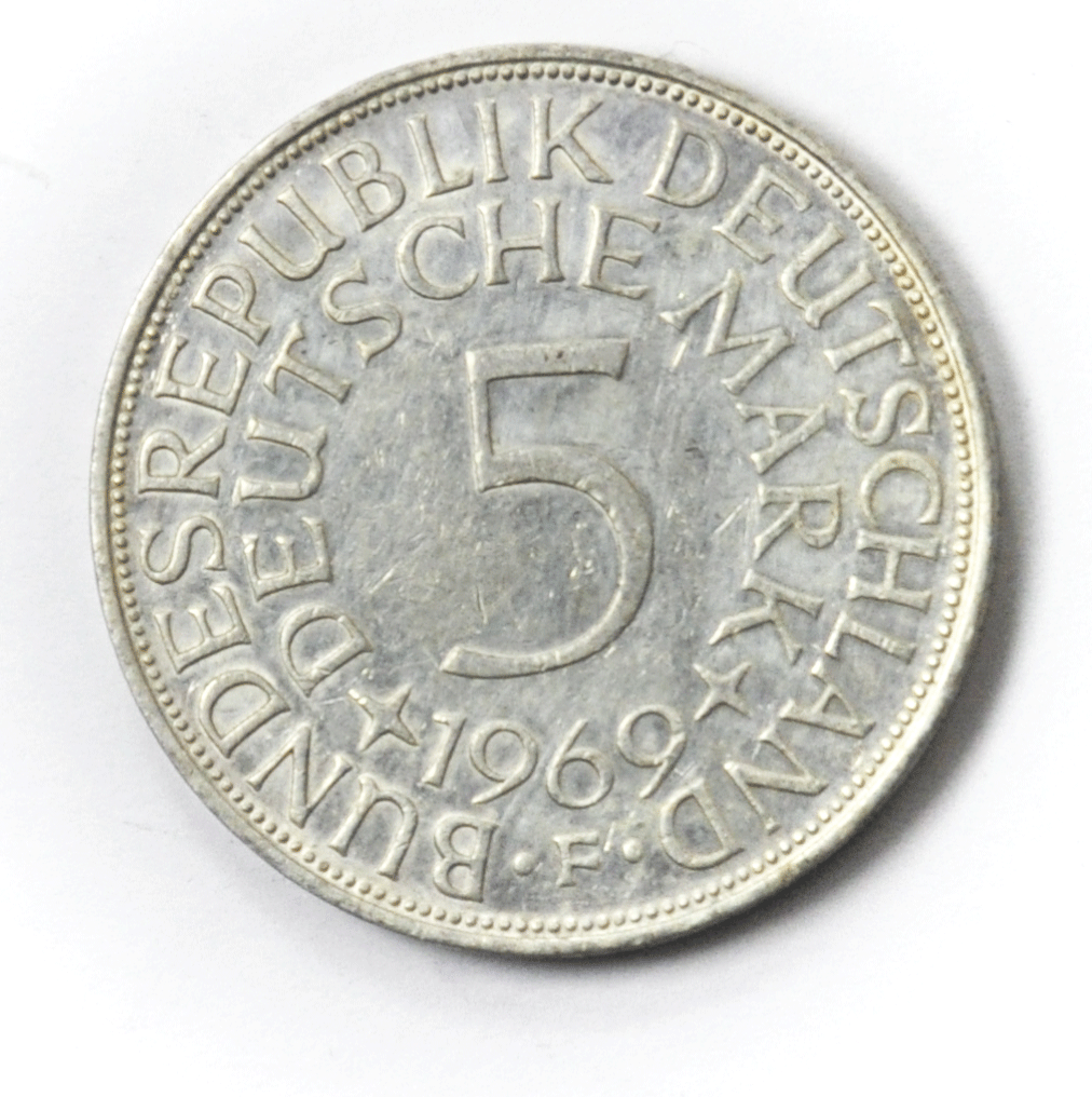 1969 F Germany Federal Republic 5 Five Mark Silver Coin KM# 112.1