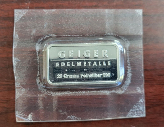 DISCONTINUED Geiger Edelmetalle 20 Gram Generation 1 Silver Bar Rare Sealed