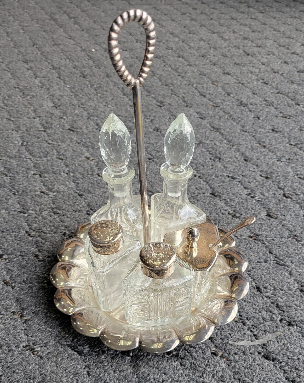 6pc. Vintage Silver Plated Condiment Serving Set/Caddy  Salt Pepper Oil Vinegar