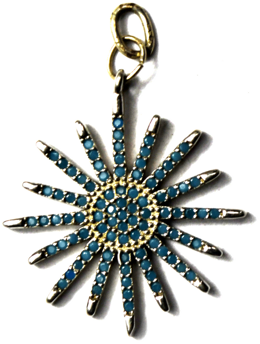 Sterling Silver Aquamarine Sun Rays Pendant Charm 25mm x 21mm