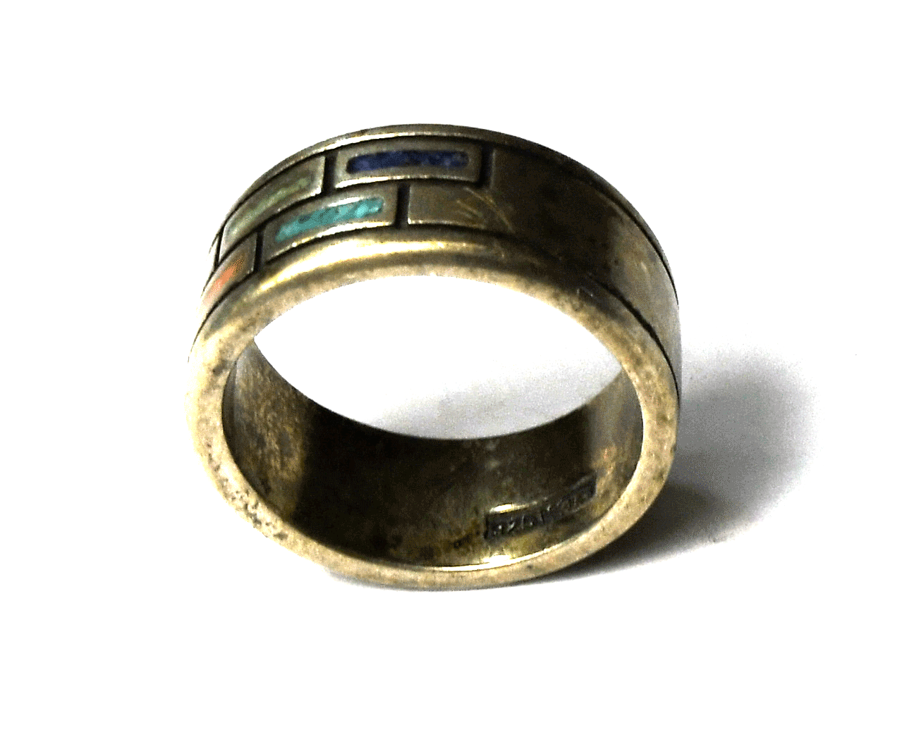 Sterling Waldeck Johnson Chip Inlay Brick Rectangle Ring 14mm Band Size 8