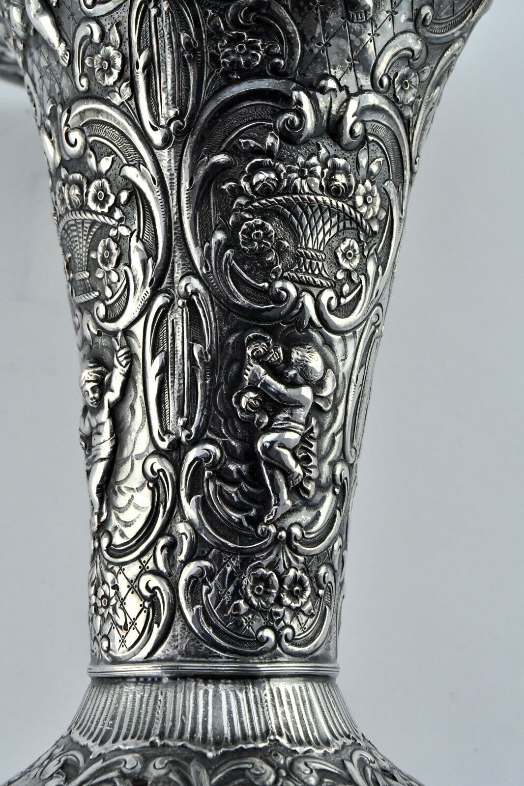 E.G Webster & Son Baroque Flute Style Cherub Ornate Repousse Vase 13 1/2"