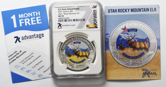2021 $5 Cook Is Animal Series 7k w Card NGC MS70 Utah Rocky Mountain Elk