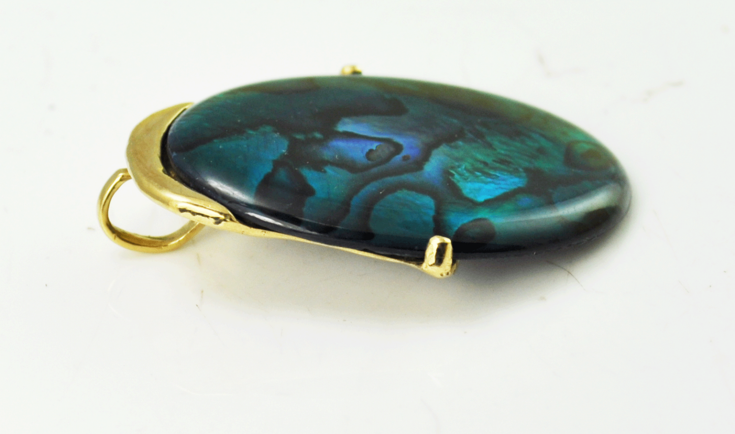 14k Yellow Gold Beautiful Blue Abalone Mother of Pearl Oval Pendant 1-3/4"