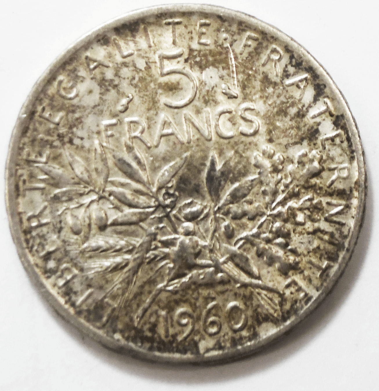 1960 France Silver Five Francs Coin KM# 926