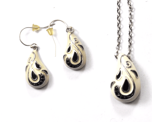 Sterling EMA Enamel Black Diamond 34mm Earrings & 26mm Pendant Set 18" Necklace