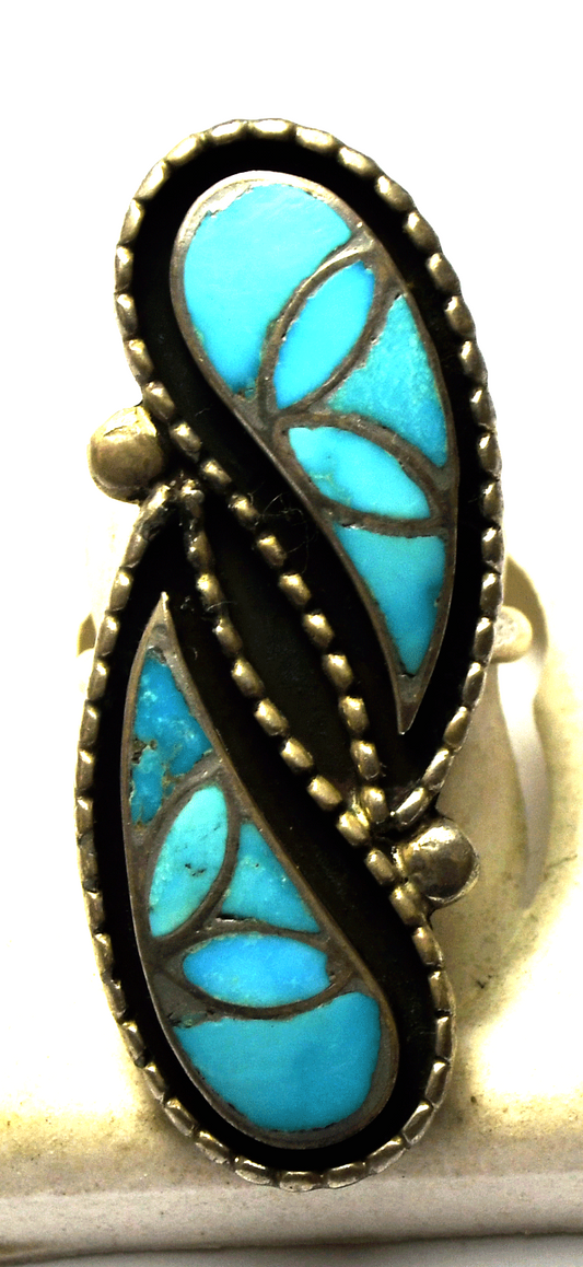 Sterling Willis Susie Leekity Turquoise Inlay Elongated Ring 43mm Size 6