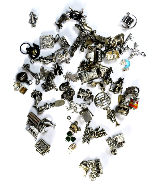 Lot of 59 Sterling Silver Charms Bell Sunwest Beau Danecraft Wells 193g