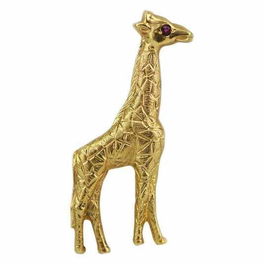 Vintage 14 Karat Yellow Gold Single Cut Ruby Eyed Baby Giraffe Pin Pendant