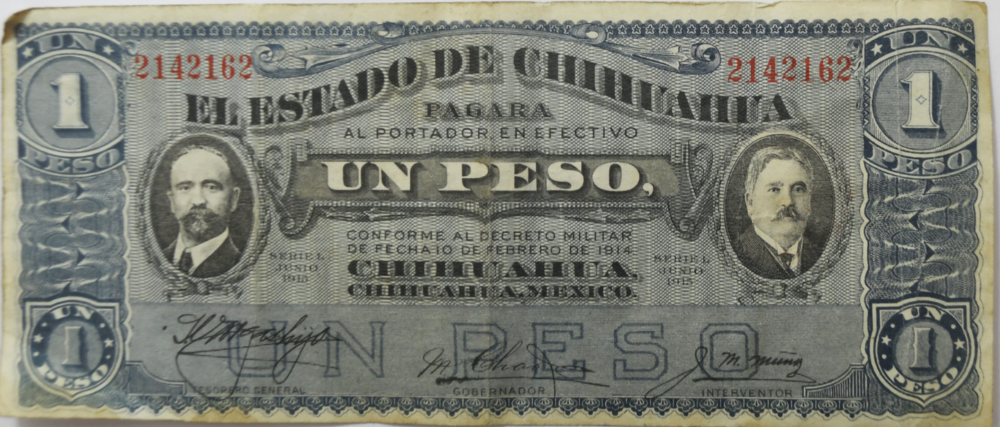 1915 Mexico Chihuahua One Peso Blue Large Note 2142162